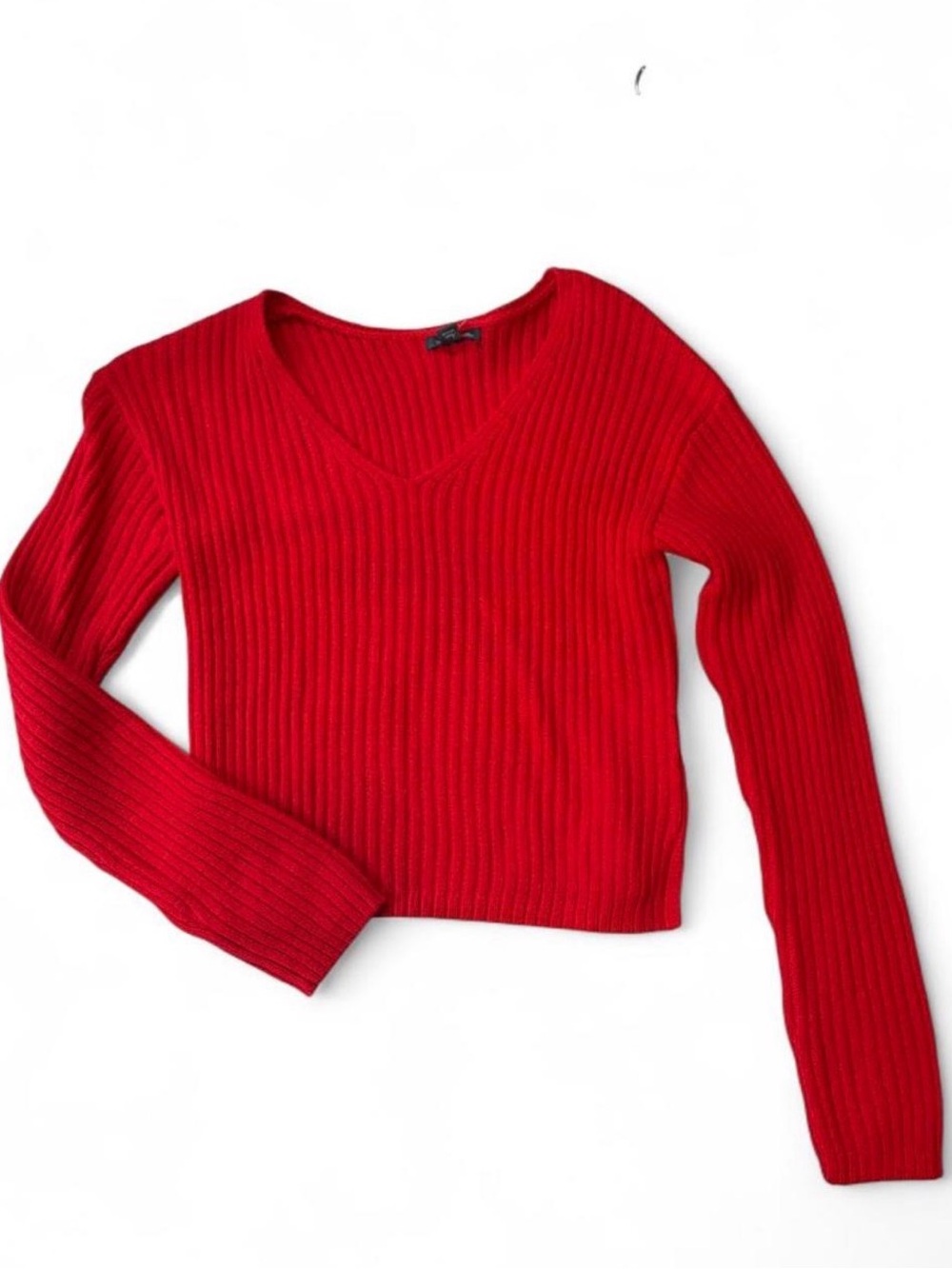 Red Ribbed V-Neck Women's Sweater
